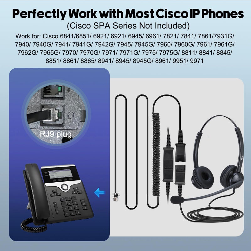 MKJ Noise Cancelling Cisco Headset with Microphone Dual Ear Wired Call Center Headphones for Office Phone Cisco CP-7821 7841 7861 8841 7942G 7931G 7940 7945G 7961 7962G 7965 7970G 7975G 8811 9951 - Image 5